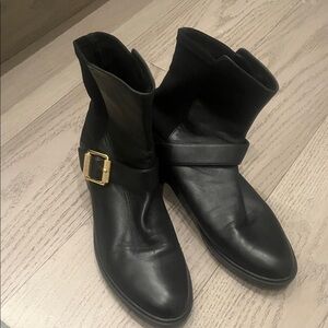 Stuart Weitzman Moto Black Ankle Boots with Gold Accent 9.5